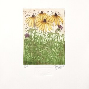 May include: A yellow flower print with a green background and a signature in the bottom right corner. The print is numbered 2/359.