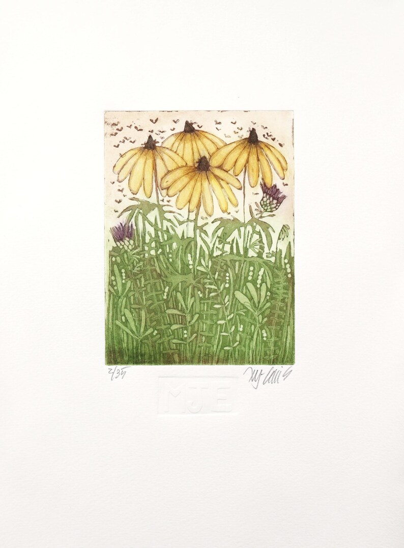 May include: A yellow flower print with a green background and a signature in the bottom right corner. The print is numbered 2/359.
