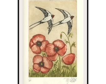 Grabado de golondrinas y amapolas: Obra de arte impresa a mano de edición limitada.