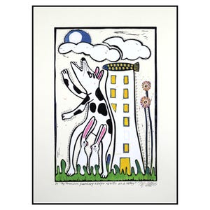 May include: A black and white dog with pink ears howls at the moon. The dog is standing in front of a white building with yellow windows. There are two white rabbits with pink ears standing in front of the dog. The text "The ferocious guardian keeps rabbits as a hobby" is at the bottom of the image.