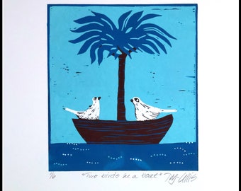 linocut, Two birds in a boat, choose navy or teal blue, handprinted and signed in a limited edition, Mariann Johansen-Ellis