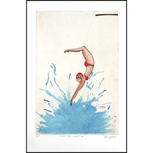 handcolored drypoint etching, Just dive right in, handprinted, signed, Mariann Johansen-Ellis,