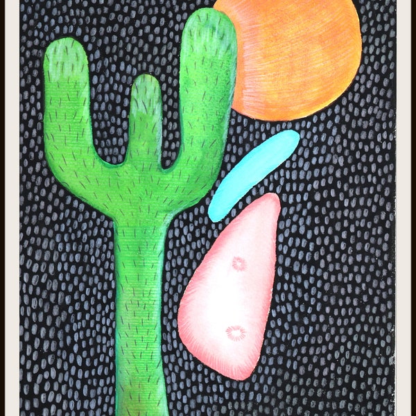 mixed media original painting, Cactus Night, signed, Mariann Johansen-Ellis