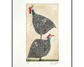 etching, Guinea hens, hand printed on paper, limited edition, signed and numbered, hens, mariann johansen-ellis