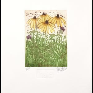 May include: A print of a yellow flower with a green background and a signature in the bottom right corner. The print is numbered 2/35.