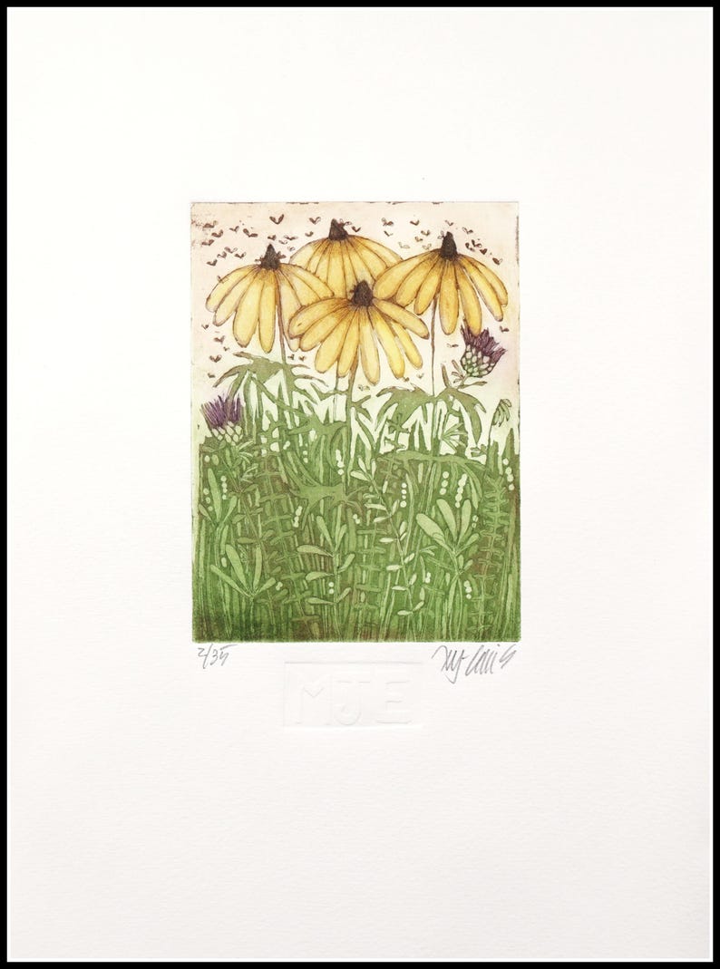 May include: A print of a yellow flower with a green background and a signature in the bottom right corner. The print is numbered 2/35.