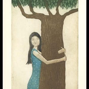 etching, Treehugger, environment friendly, handprinted, signed, Mariann Johansen-Ellis, tree, green
