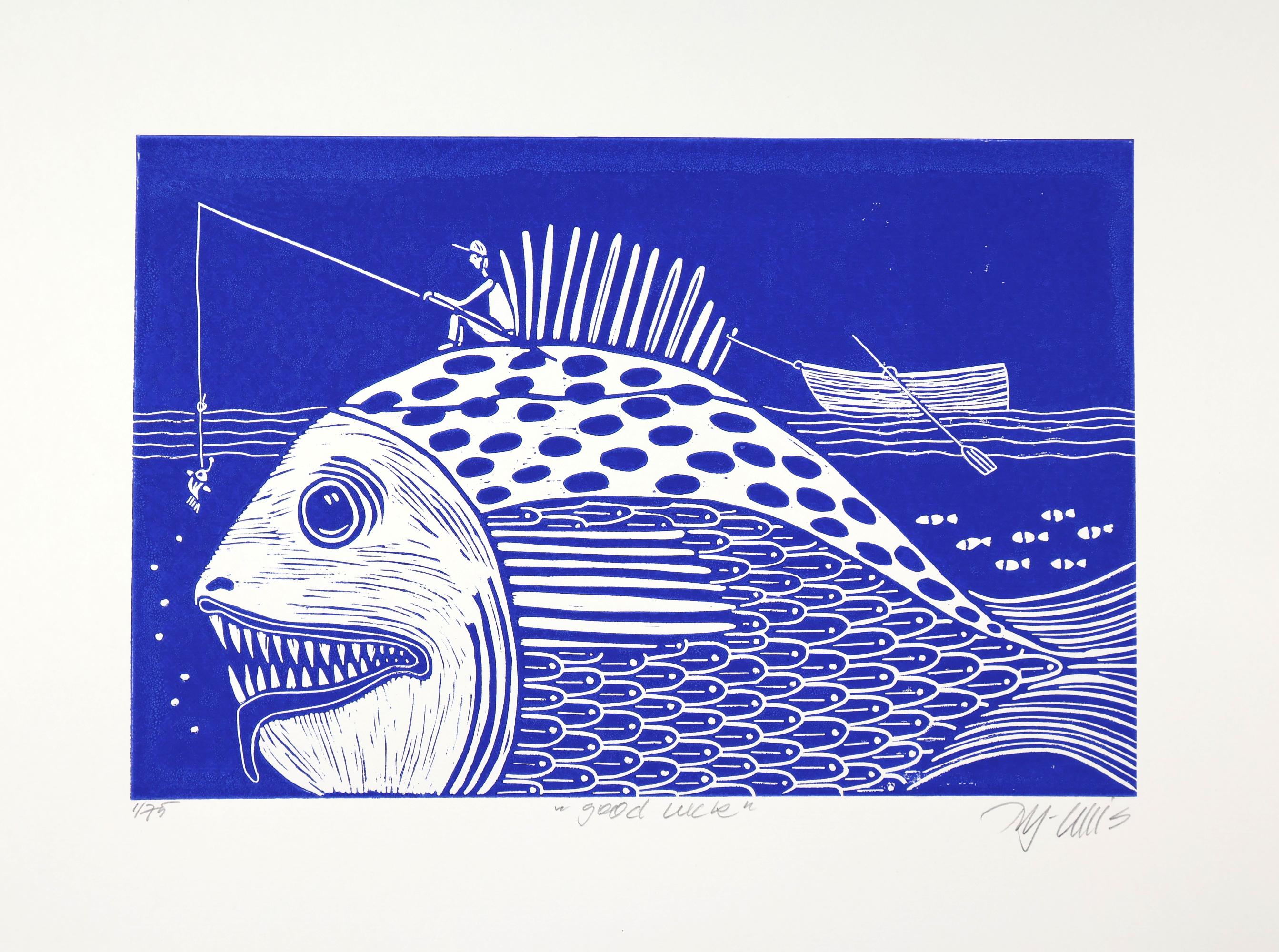 Linocut, Good Luck, Blue and White, Handprinted, Signed, Mariann ...