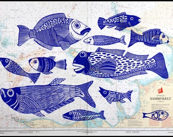 linocut, Shoal, blue fish, vintage map, handprinted, one of a kind, signed, Mariann Johansen-Ellis