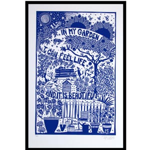linocut, My Garden, choice of colors, handprinted and signed, Mariann Johansen-Ellis, gardeners, plants