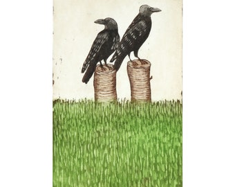 Two Crows Etching: Limited Edition Hand-Printed Bird Art