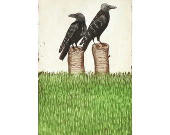 etching, Two Crows, hand printed on paper, limited edition, signed and numbered, bird print, mariann johansen-ellis