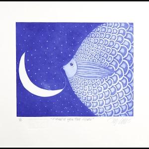 aquatint etching, Promise you the Moon, handprinted, signed, Mariann Johansen-Ellis, blue and white fish floating