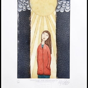 May include: An art print featuring a person in a red coat standing between two dark trees, looking up at a bright sun with rays. The print includes the text "Counting my blessings" and the artist's signature.