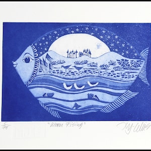 aquatint etching, Moon Rising, fish, handprinted, signed, Mariann Johansen-Ellis