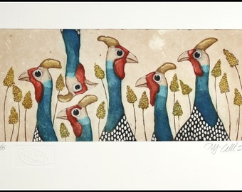 etching, Guinea hen fun, hand printed on paper, signed and numbered in a limited edition, Mariann Johansen-Ellis, printmaking