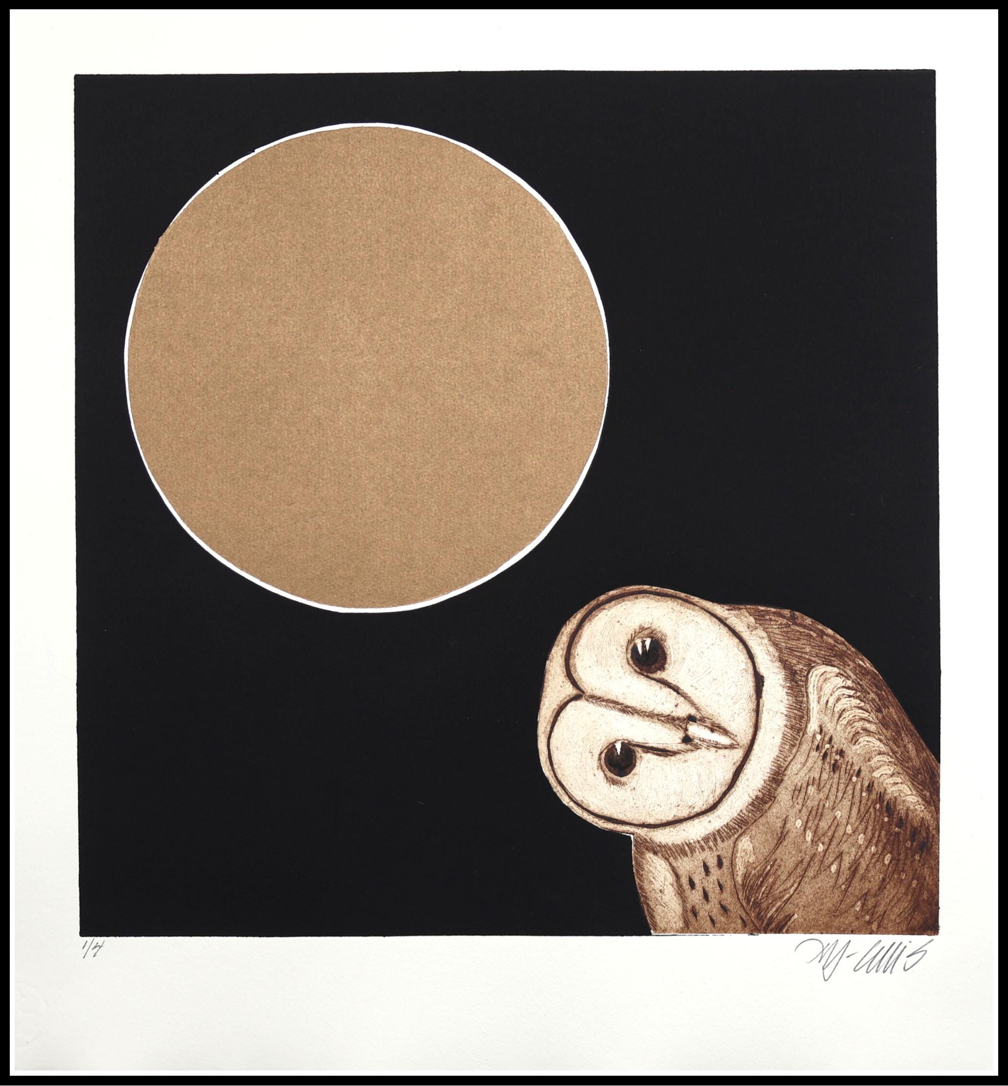 Midnight Owl, black night with gold moon, linocut and collagraph print by Mariann Johansen-Ellis