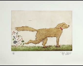 Radierung, Golden Retriever, handgedruckt auf Papier, signierte und nummerierte Edition, Mariann Johansen-Ellis