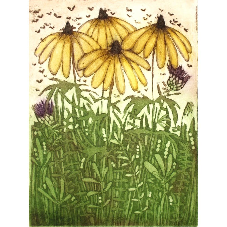 May include: A vintage style print of yellow coneflowers with purple thistle flowers in a field of green foliage.