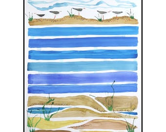 Seagull Beach Watercolor Painting: Original Mixed Media Art, Signed