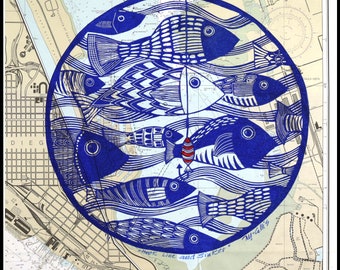 linocut on vintage map, Hook, Line and Sinker, round fish handprinted print, signed, Mariann Johansen-Ellis