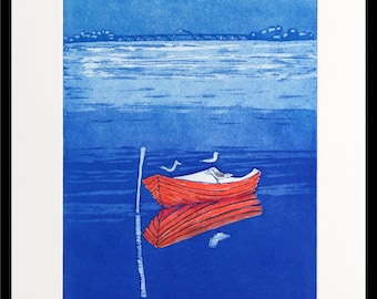 Calm, etching on paper, handprinted and signed, limited edition art, red boat on water