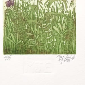 May include: A green and brown botanical print featuring a thistle in the top left corner. The print is signed "My Lai" and numbered "2/39".