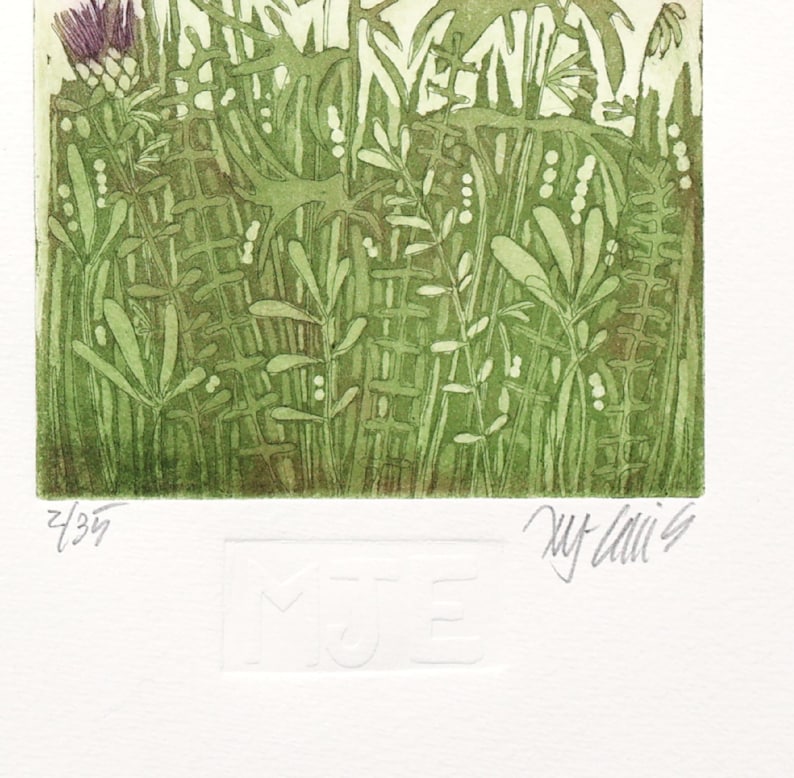 May include: A green and brown botanical print featuring a thistle in the top left corner. The print is signed "My Lai" and numbered "2/39".