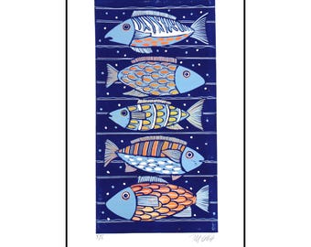 linocut, High Five, five fish in happy colors, handprinted, signed, Mariann Johansen-Ellis