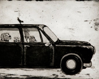 etching, Dogs in Car, Amazingly patient, black car, handprinted on paper, signed, Mariann Johansen-Ellis