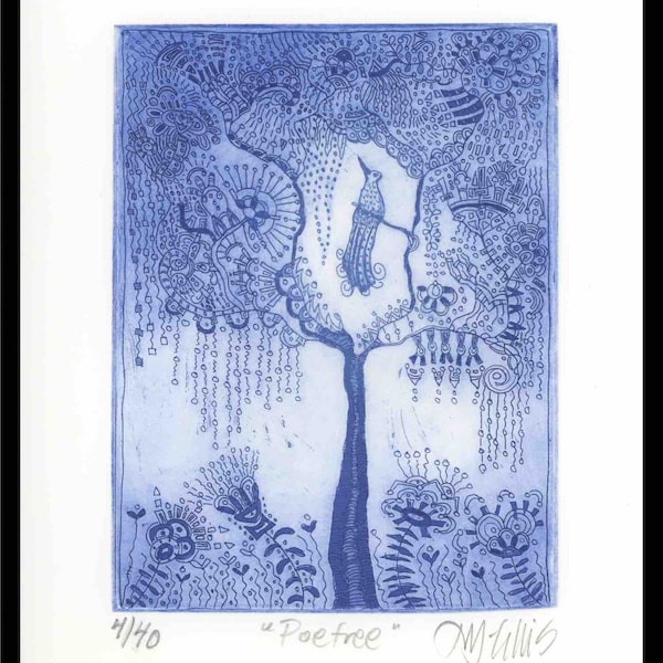 etching, poetree, blue and white, handprinted on paper, signed and numbered, Mariann Johansen-Ellis