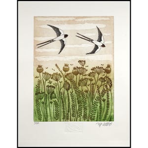 Originalkonst med sommarhimmel, etsning, handtryckt och signerad, Mariann Johansen-Ellis