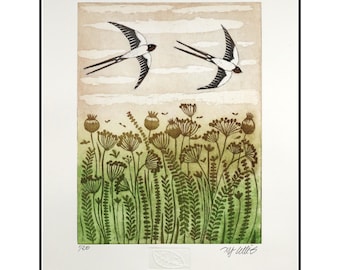 etching, aquatint, Summer Sky, swallows, meadow flowers, handprinted and signed, Mariann Johansen-Ellis