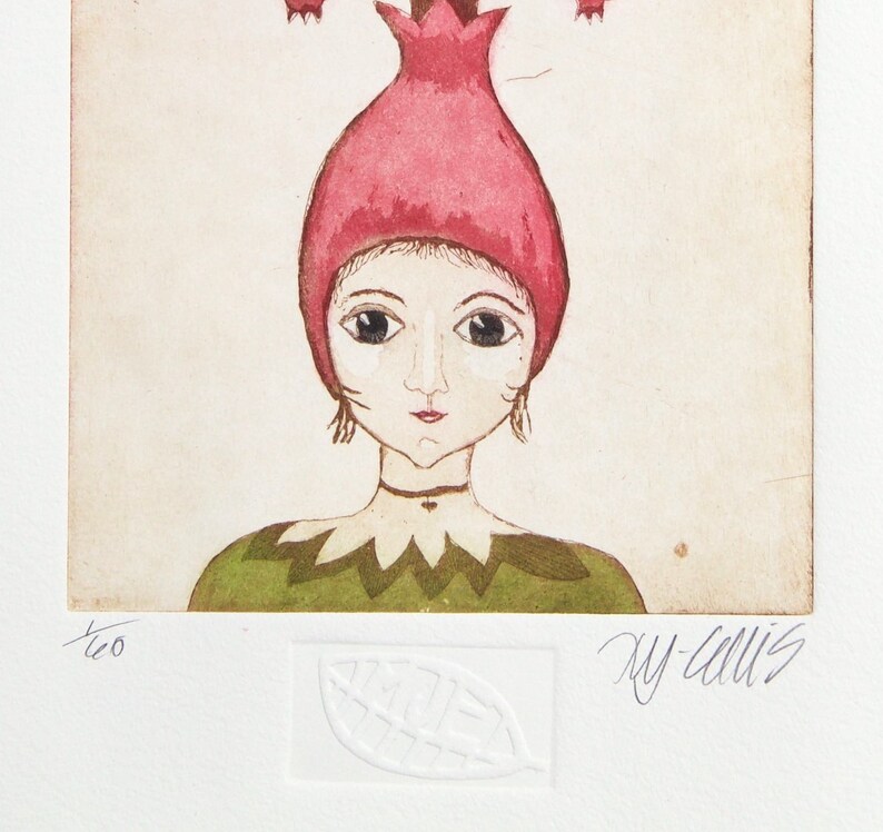 etching, Pomegranate Girl, hand printed on paper, limited edition, signed and numbered, fruit, mariann johansen-ellis image 3