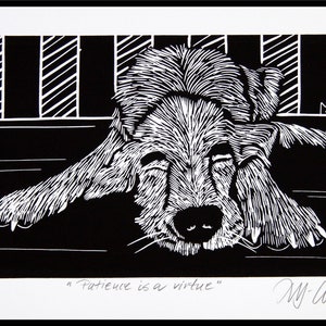 linocut, black and white, sleeping dogs, Patience is a virtue, handprinted, signed, Mariann Johansen-Ellis