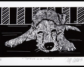 May include: Black and white linocut print of a dog lying down with its head resting on its paws. The print is titled "Patience is a virtue" and signed "M. Willis".