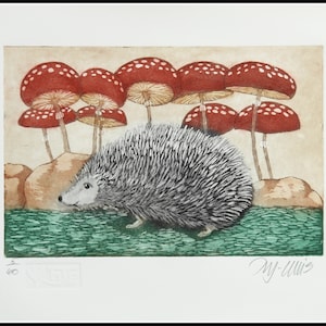 etching, Hedgehog, handprinted on paper, signed and numbered, Mariann Johansen-Ellis, mushrooms, forest animals