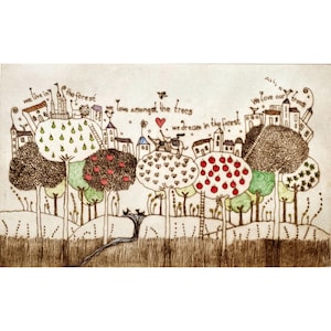 May include: A whimsical ink and watercolor illustration of a forest scene with stylized trees, small houses, and two elephants under a red heart. The text reads: we live in the forest, we love amongst the trees, we dream in the forest, we love our trees.