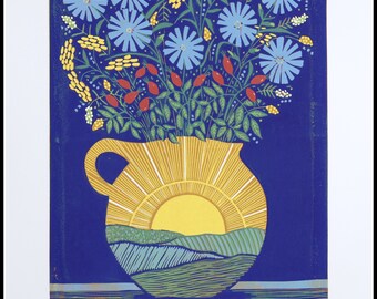 linocut, Blue Sky, Sunshine and Wildflowers, flowers in a vase, handprinted, signed, Mariann Johansen-Ellis
