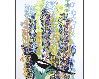 linocut monoprint, Magpie Flower Meadow, handprinted, signed, Mariann Johansen-Ellis, flowers