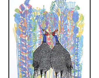 linogravure, prairie de poules d'Inde, imprimée à la main, colorée, signée, Mariann Johansen-Ellis