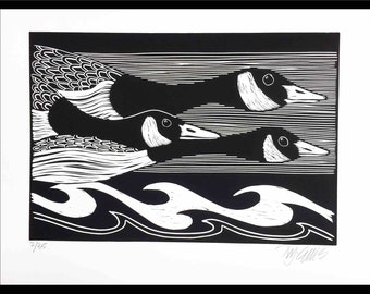 linogravure, Oies, noir et blanc, imprimée à la main, signée, Mariann Johansen-Ellis