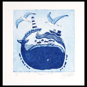 etching, Home to port, etching with aquatint on paper, handprinted and signed, Mariann Johansen-Ellis, seascape with whale and harbour