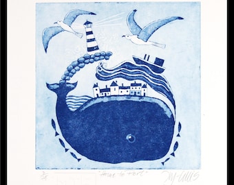 etching, Home to port, etching with aquatint on paper, handprinted and signed, Mariann Johansen-Ellis, seascape with whale and harbour