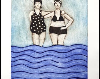 Ladies at Sea, vrouwenfiguren in badkleding, collagraph, gesigneerd, beperkte oplage, Mariann Johansen-Ellis