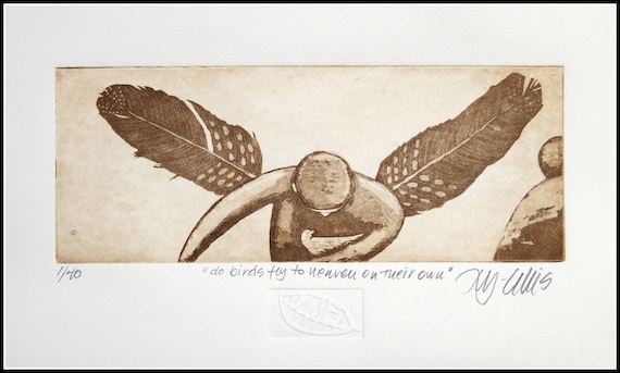 etching, Angel, handprinted on paper, signed and limited number edition, Mariann Johansen-Ellis,