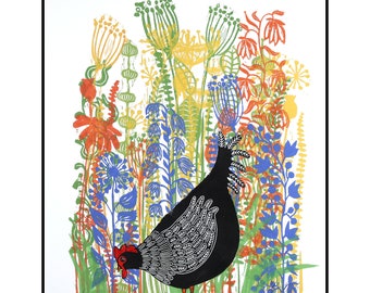 linogravure, une poule noire dans les fleurs, imprimée à la main, colorée, signée, Mariann Johansen-Ellis