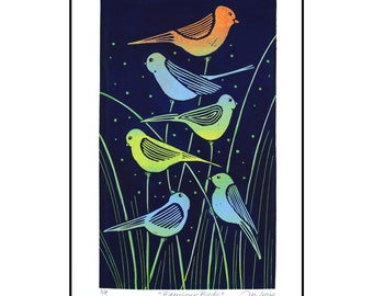 linogravure, Rainbow Birds, imprimée à la main, signée, Mariann Johansen-Ellis, coloré, art aviaire