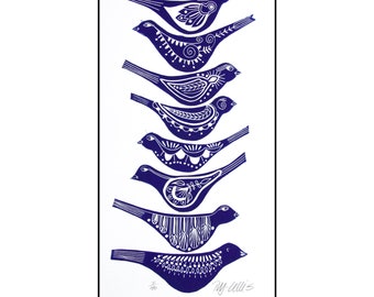 linogravure, oiseaux chanteurs, bleu et blanc, 8 oiseaux, imprimée à la main, signée, Mariann Johansen-Ellis