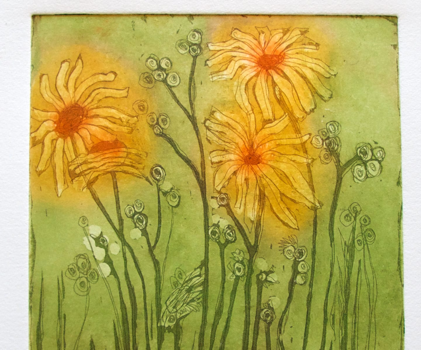 Etching flower art print yellow flowers flower wall art | Etsy